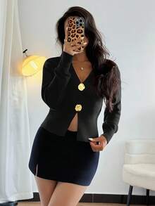 Elyressa 女士时尚休闲简约不对称纽扣针织开衫，精致设计毛衣上衣 - 黑色 - 查看 3