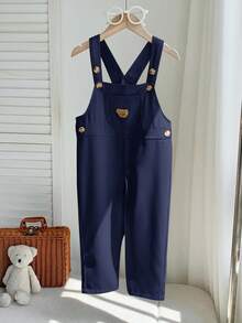 男童休闲舒适百搭可爱熊标志图案背带裤 - 藏蓝色 - 查看 7