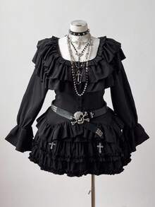 Sunspun Áo cánh tay dài viền bất đối xứng xếp nếp màu đen cỡ lớn dành cho nữ - màu đen - Xem 2