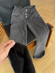 DAZY 女式高腰喇叭牛仔裤，加厚保暖内衬，修身剪裁，及踝长度 - 藍色 - 查看 7