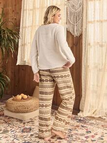 Women Geometric Pattern Long Sleeve Button-Up Fleece Top And Pants Fluffy Pajama Set Lounge Sets For Women Comfy Cozy Sets Women Fluffy Pajama Sets For Women Winter Women Lounge Set, Fall Winter Clothes - Multicolor - View 2