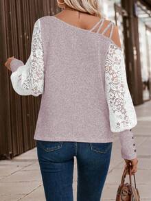 EMERY ROSE Women's Contrast Lace Asymmetric Collar Long Sleeve Fashionable Blouse - Baby Pink - View 2