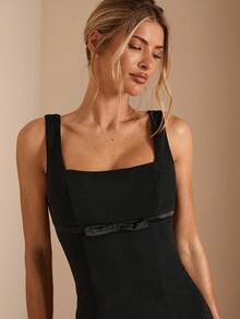 SHEIN BAE Autumn And Winter Women's Black Elegant Square Neck Chest Bow Decoration Mini A-Line Dress, Black Little Dress,Suitable For Romantic Dates, Banquet, Daily Elegant Outings, Party Dress, Wedding Guest Dress, Holiday Dress,Valentine's Day,Valentine Outfits For Women