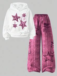 SHEIN 2 件套青少年女孩超大连帽长袖星星印花运动衫 + 舒适松紧腰宽松阔腿印花裤，街头服饰 - 粉色 - 查看 7