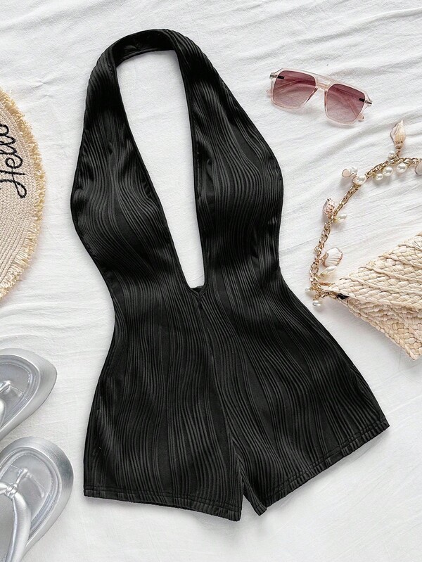 Soleia Women's Vacation White Knit Textured Wavy Pattern Deep V Neck Backless Sexy Bodysuit, Fashionable Fitted For Party, Date, Afternoon Tea, Boho Vacation, Beach, Summer Outfit