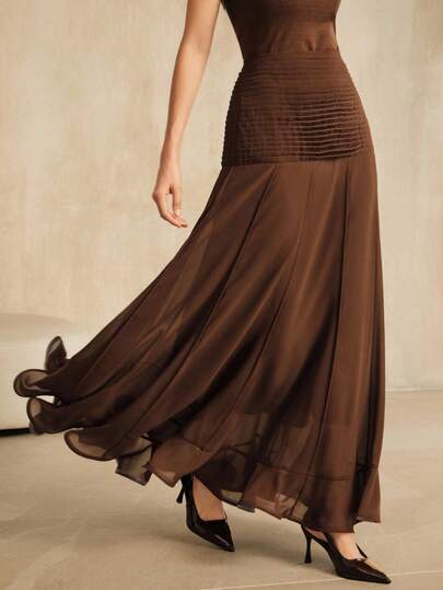 Anewsta Elegant High Waist Pleated Chiffon Ruffle Hem Skirt, Brown, Suitable For Fall, Autumn, Summer, Elegant, Chic, Casual