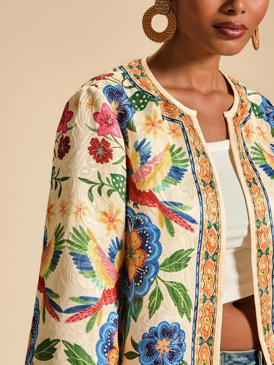 Travachic Floral Print Casual Jacket With Open Front For Women, Vacation Wear,Fall Winter Clothes, New Year Look, Summer Jackets For Women, Thanksgiving Outfits, Casual Outfits