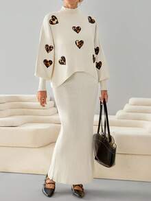 EURMUSE Women Knitwear Heart Detailed Appliques Sweater And Skirt Two Pieces Set - Beige - View 5