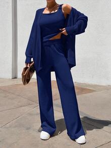 EURMUSE Women 3 Pieces Set TOP CARDİGAN AND PANTS - Navy Blue - View 3