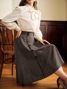 Vintamour 复古优雅女式 A 字裙，宽松棕色带口袋，双排扣，休闲办公室假日喇叭裙秋季女装商务休闲女装返校节冬季女装秋季裙办公室女装秋季女装冬季服装冬季女装秋季服装 Cottage Core 生日女装圣诞服装工作服 Old Money - 咖啡棕 - 查看 6