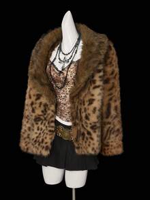 SHEIN ICON 女式仿皮草大衣，性感豹纹翻领，适合派对和日常穿着，秋冬季 - 彩色 - 查看 3