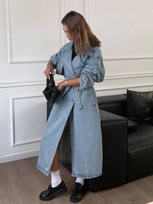 DAZY 女士宽松休闲长款牛仔夹克，秋冬 - 藍色 - 查看 4