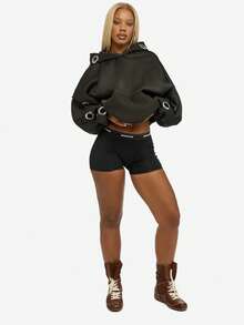 SUMWON WOMEN Oversized Hoodie With Metal Eyelet Grommets Casual Pullover Sweatshirt - Black - View 6