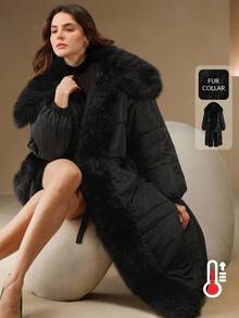Anewsta 女式秋冬长款可拆卸仿毛领收腰大口袋超时尚厚棉服外套 - 黑色 - 查看 4