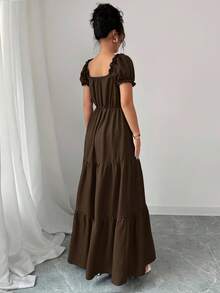 Selianne Elenzga 女士优雅长裙，独特领口，多层拼接，荷叶边，修身设计/垂坠/分层/假日装扮/波西米亚风/浪漫花卉/度假休闲 - 咖啡棕 - 查看 2