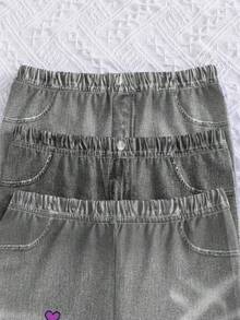 Sparklyn 3 件套女童休闲可爱涂鸦豹纹、蝴蝶、猫咪仿牛仔印花紧身裤 - 彩色 - 查看 4