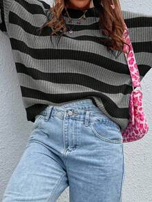 EMERY ROSE 女士休闲宽松条纹圆领落肩长袖毛衣秋冬条纹套头衫条纹毛衣长袖条纹毛衣女条纹毛衣黑灰色条纹毛衣 - 彩色 - 查看 8