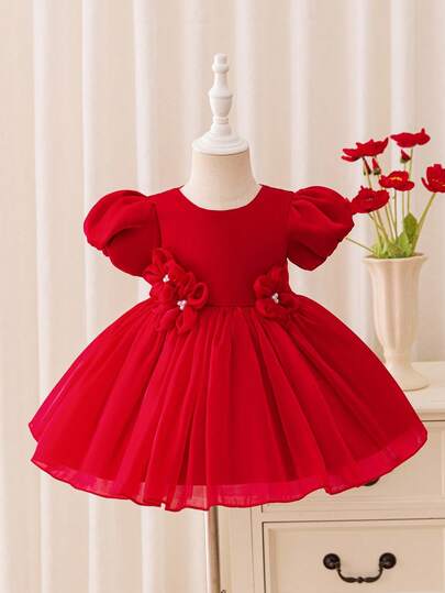 Glamorique Kids 女婴勃艮第色闪亮薄纱连衣裙，带 3D 花卉装饰，泡泡袖，圣诞节/万圣节服装，短袖，婚礼宾客礼服，婴儿生日派对表演礼服