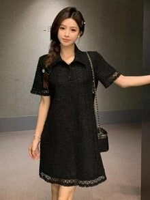 DAZY 女士纯色镂空简约休闲短袖连衣裙 - 黑色 - 查看 6