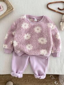 LMoss Kids 2件套女婴花卉针织羊毛圆领运动衫和紧身裤套装 - 彩色 - 查看 5