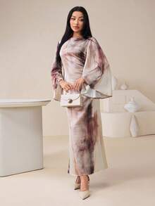 Veilorie 女士扎染印花圆领喇叭袖修身鱼尾下摆优雅阿拉伯风连衣裙 - 卡其色 - 查看 3