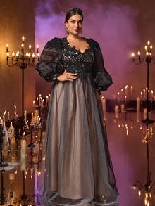 Glamrae 大码优雅浪漫深色蕾丝拼布透明长袖 A 字形正式晚礼服 - 黑色 - 查看 8