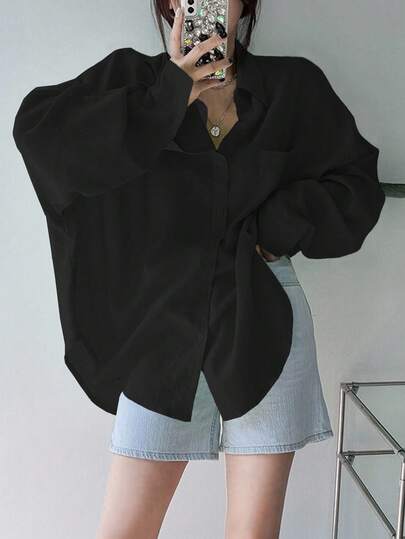 DAZY Women's Solid Color Regular Turn-Down Collar Oversized Shirt,Long Sleeve Tops,Fall Clothes