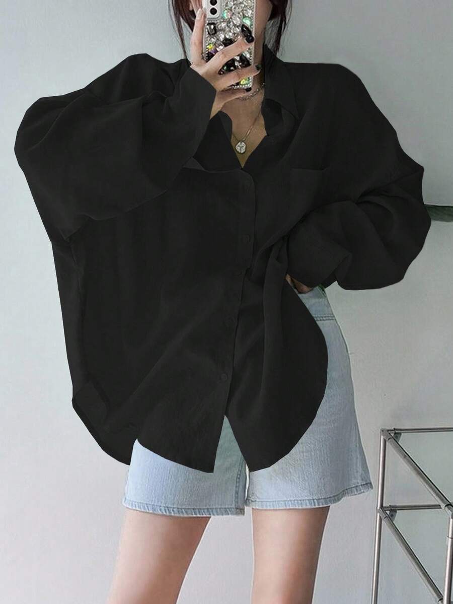 DAZY Women's Solid Color Regular Turn-Down Collar Oversized Shirt,Long Sleeve Tops,Fall Clothes - Black - View 1