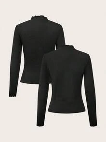 SHEIN EZwear 2pcs Pack Casual Tight Fit Long Sleeve T-Shirts, Versatile All-Match, Different Fabrics, Suitable For Autumn/Winter,Fall,Black Tops - Black - View 2