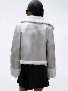 GENKIRA Fuzzy Lined Zip Up Lapel Collar Jacket - Grey - View 2