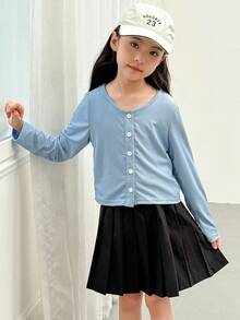 SHEIN 2pcs/Set Tween Girl Ribbed Cardigan And Tank Top Set,  Two Piece Autumn Outfit Fall Winter - Blue - View 4