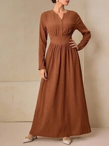 Graceveil 秋季棕色针织纹理面料腰带设计褶饰优雅长款毕业礼服 - 棕色 - 查看 4