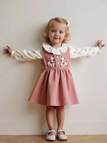 Baby Girls' Spring/Autumn Outfit, Floral Ruffle Collar Romper + Corduroy Pinafore Dress, Soft & Comfortable, Cute For Daily Wear/Cozy Gatherings Fall Winter - Multicolor - View 2
