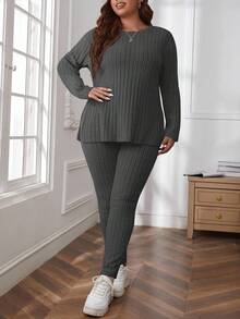 SHEIN Cottnline Plus Size Comfortable Knit Ribbed 2 Pieces Set - Dark Grey - View 5