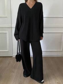 Livesso Women's Casual Business Loose Knit Pullover Sweater And Straight Leg Pants 2 Pieces Set, Minimalist Black, Suitable For Office Wear In Autumn And Winter - Black - View 3