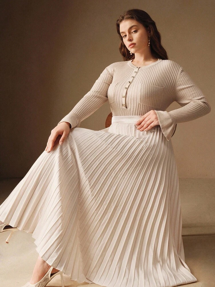 가을/겨울 신상 반짝이는 다용도 플러스플러스 사이즈 여성 우아한 라운드넥 버튼 니트 풀오버 스웨터, 가을, 겨울, 외출, 우아함, 레저, 포멀, 파티, 패셔너블, 새해, 크리스마스, 직장, 졸업, 결혼식에 적합