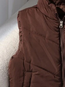 青少年女孩休闲百搭多功能绗缝立领短款加厚背心，秋冬秋季 - 摩卡棕 - 查看 6