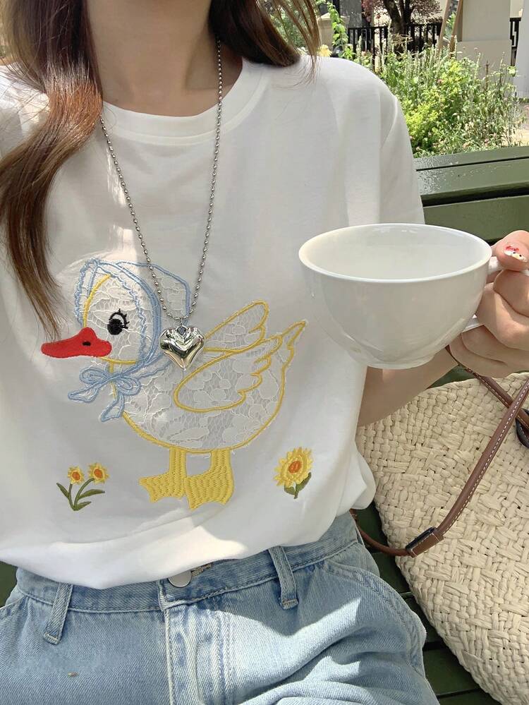 Women's Cartoon Embroidery Round Neck Casual Short Sleeve T-Shirt, Summer Cute Tops,Graphic Tees,Teacher