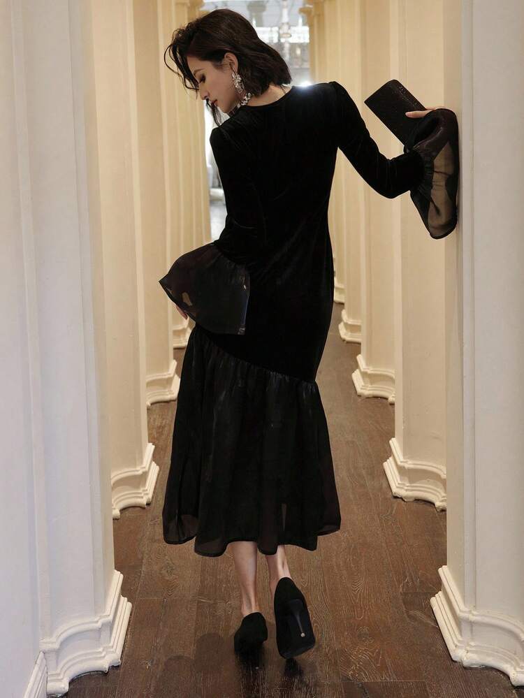 Women's Elegant Patchwork Mid-Length Dress, Autumn