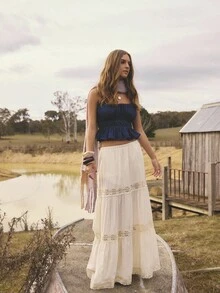 Aralina 秋冬西部波西米亚风蕾丝边饰长裙，适合乡村音乐会、万圣节和教师节等场合。 - 米色 - 查看 11