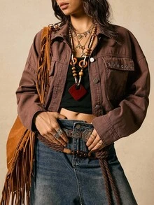 Easelle 复古索环装饰宽松磨损下摆女式牛仔夹克，秋季女装女式西部夹克短款西部夹克棕色短款夹克女式西部装牛仔夹克女式西部衬衫棕色短款夹克 - 棕色 - 查看 5