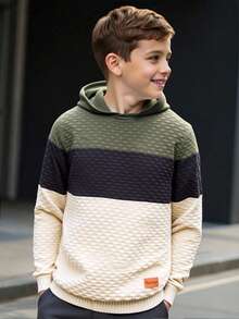 SHEIN Tween Jungen Sweatshirt im Jacquard-Kontrastdesign, erschwinglich für den ersten Schultag, kann mit Tween Jungenhemden, weißen Hosen, Tween Jungenjacken, einfarbigen T-Shirts, Cartoon-Shirts, grauen Hoodies, Tween Jungensweatshirts und Jeans kombiniert werden - Aprikosenfarben - Übersicht 2