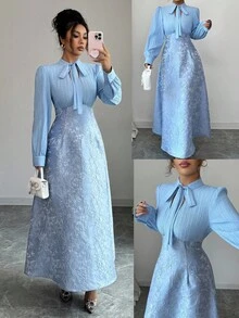 Elenzga Váy dài tay dáng chữ A xếp ly eo thanh lịch mới thu/đông 2025 dành cho nữ - Màu xanh nhạt - Xem 1