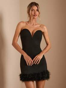 SHEIN BAE 女士黑色露肩羽毛拼接优雅迷你连衣裙，适合秋冬季鸡尾酒会、夜总会、晚间外出 - 黑色 - 查看 4