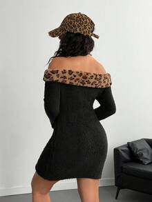 Teen Girl Black Autumn Fluffy Leopard Print Off-Shoulder Snug Fit Dress,Soft Warm Techno Party Rave Dress,Stylish Fitted Winter Silhouette Outfit - Black - View 2