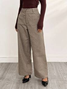 SHEIN PETITE 千鸟格加厚西装裤带前袋 商务休闲女装 卡其色女裤 职业装 女正装裤 制服裤 阔腿女裤 格子裤 格纹阔腿裤 阔腿裤 格纹裤 格子阔腿裤 秋冬女装 - 卡其色 - 查看 3