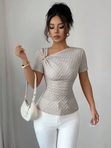Elenzga Women's Elegant Asymmetric Neckline 3D Rose Gold Button Decor Short Sleeve T-Shirt - Grey - View 6
