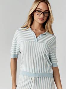 MISSGUIDED 女士条纹 Polo 衫针织短袖夏季休闲领口罗纹上衣 - 藍白色 - 查看 6