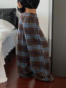 Livesso Women's Plaid Casual Wide Leg Drawstring Loose Pants, Autumn - Brown - View 2