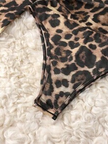 Franclia 女士时尚豹纹网眼透视肩长袖紧身衣 - 棕色 - 查看 8